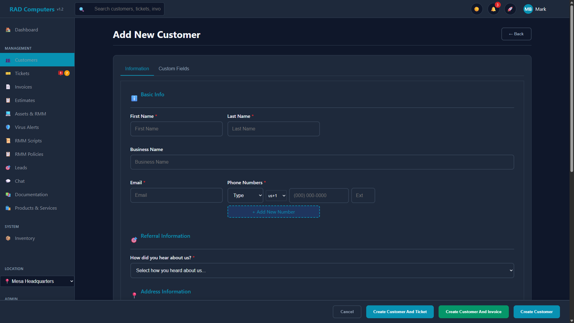 Add Customer Form (Dark Mode)