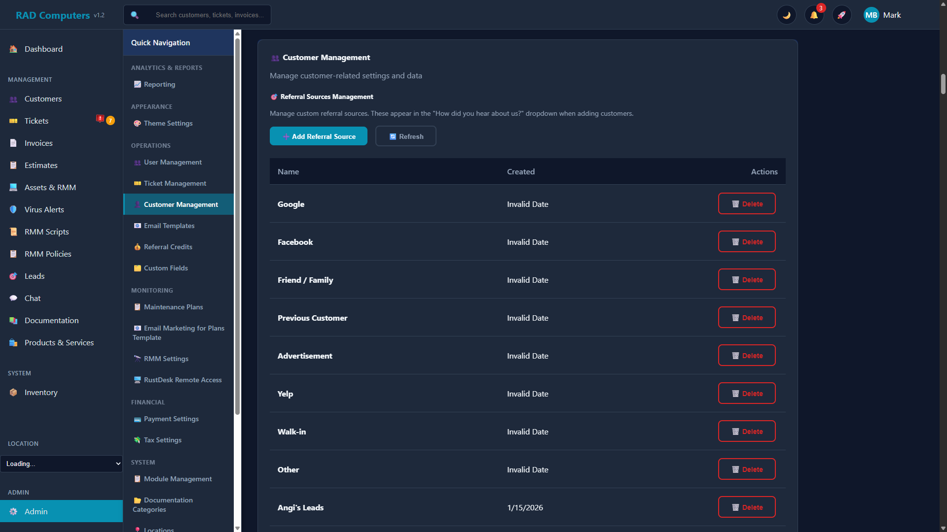 Customer Management Settings - Dark Mode