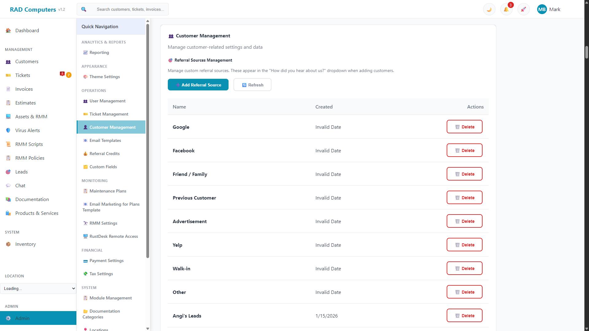Customer Management Settings - Light Mode