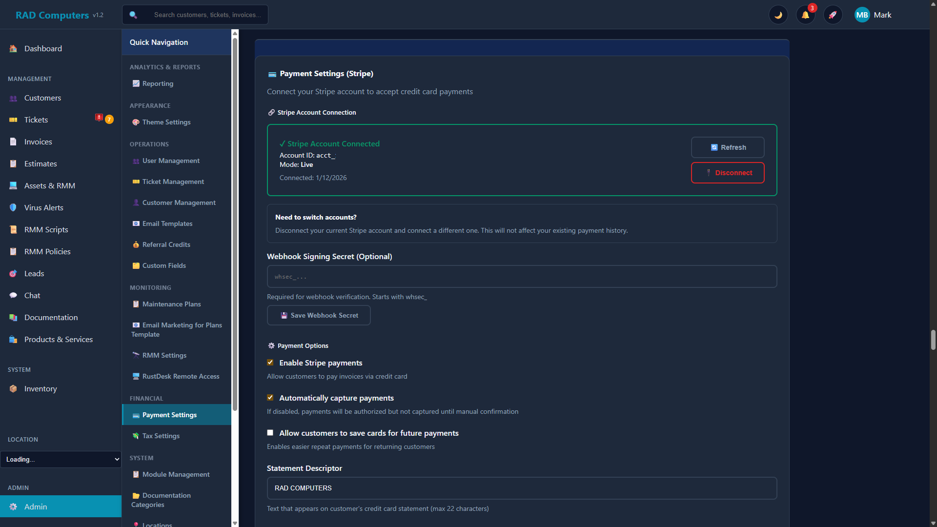 Payment Settings - Dark Mode