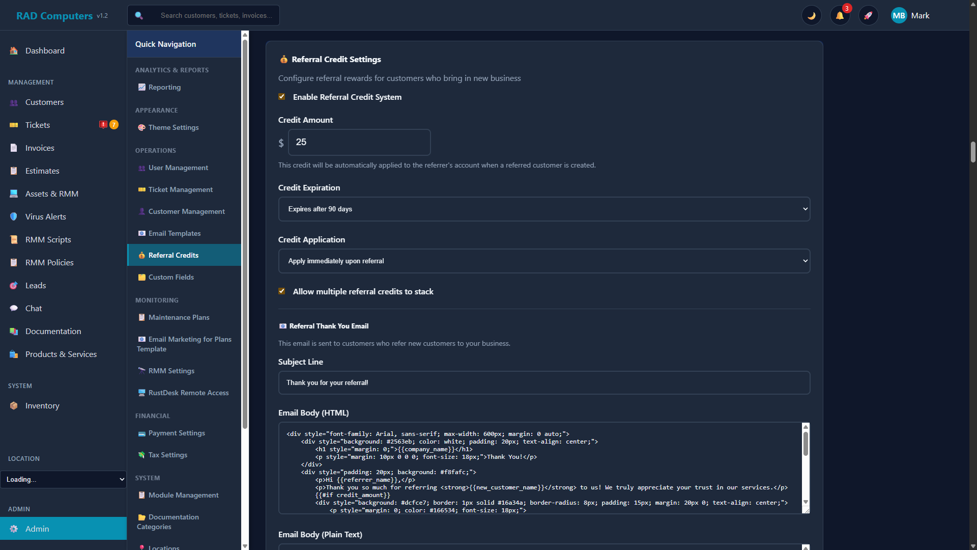 Referral Credit Settings - Dark Mode