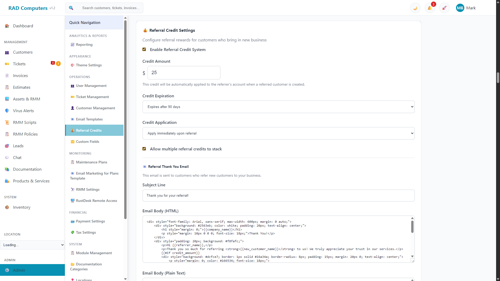 Referral Credit Settings - Light Mode