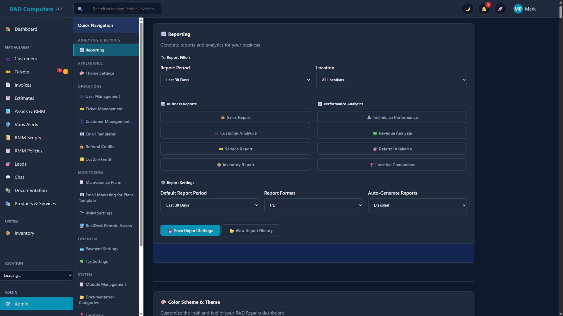 Reporting Settings - Dark Mode