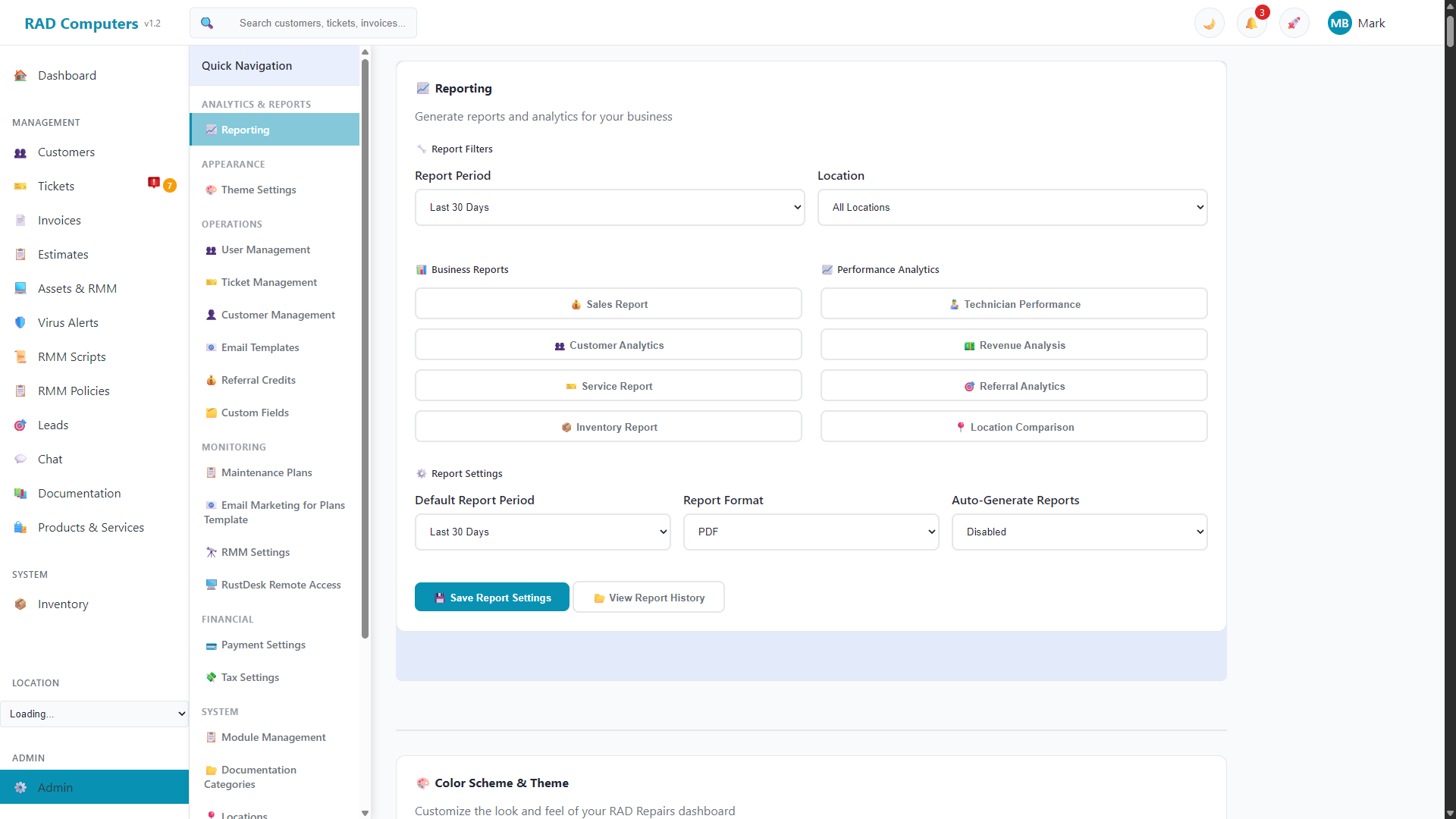 Reporting Settings - Light Mode