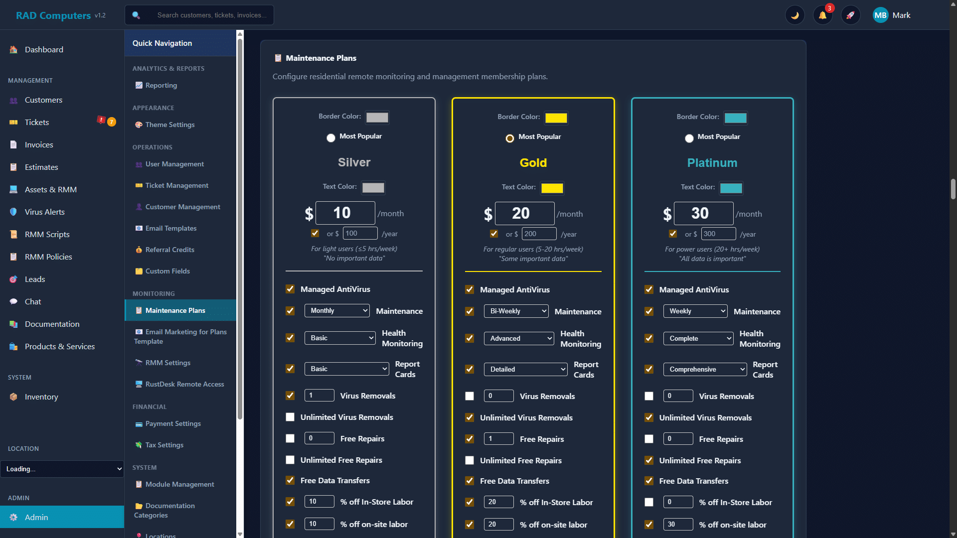 Maintenance Plans Settings - Dark Mode