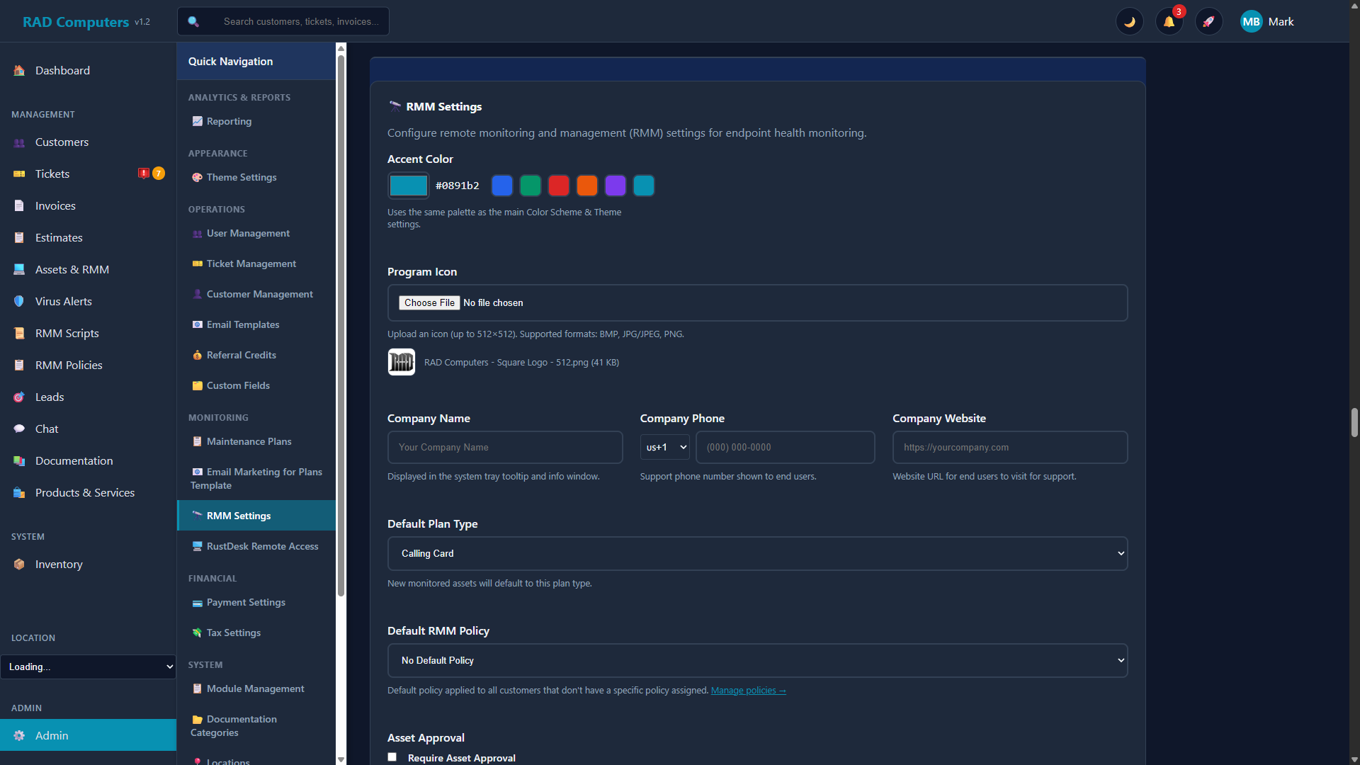 RMM Settings - Dark Mode