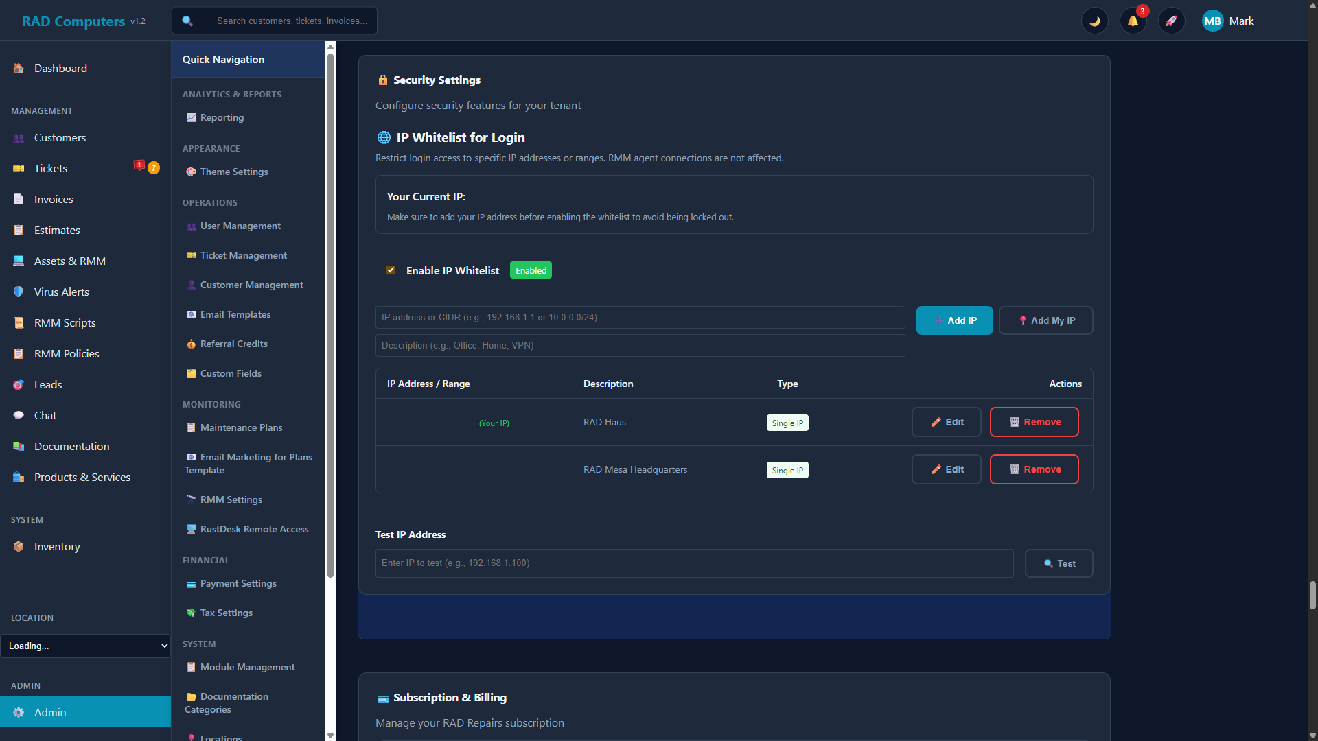 Security Settings - Dark Mode