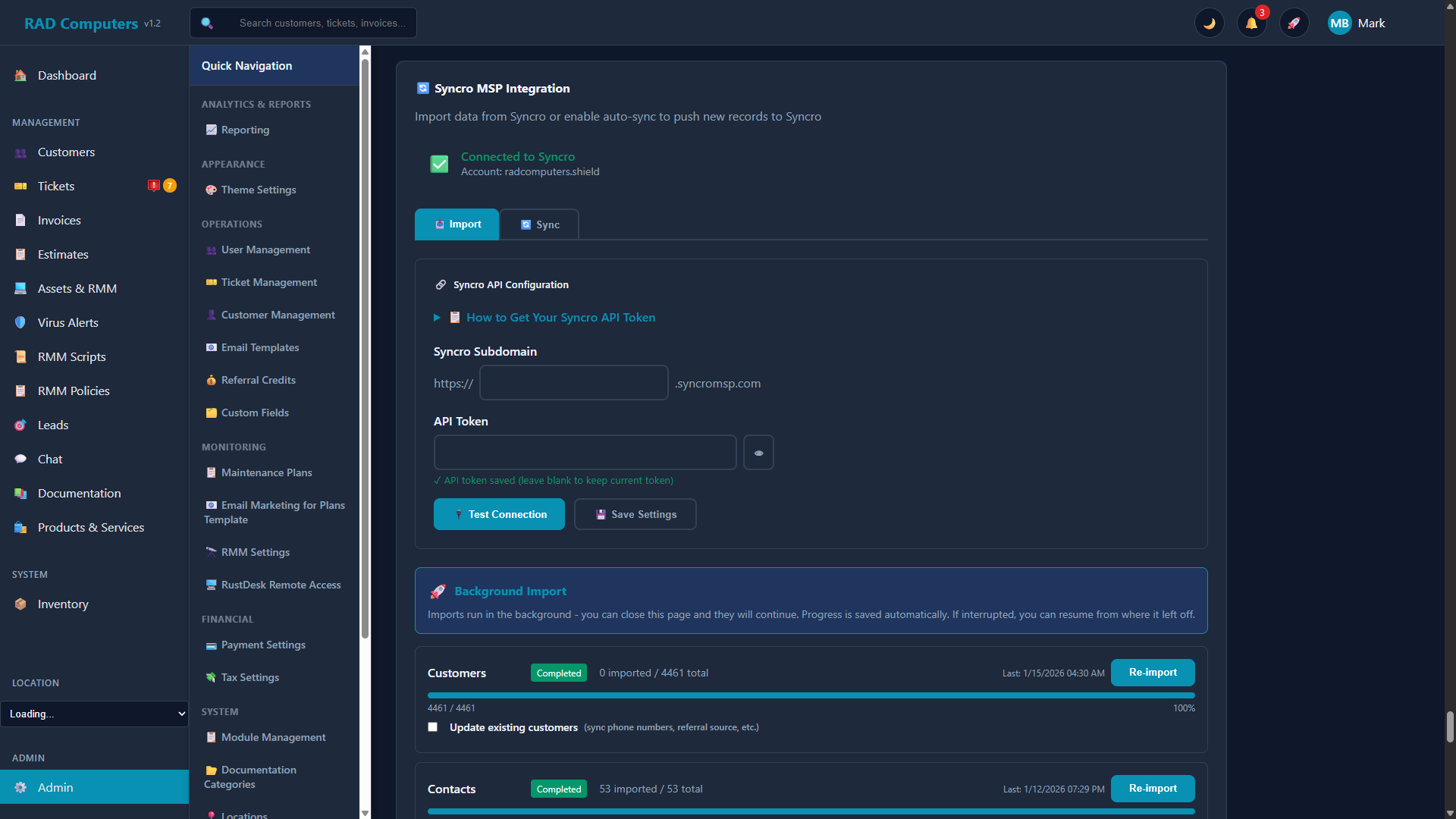 Syncro Integration - Dark Mode