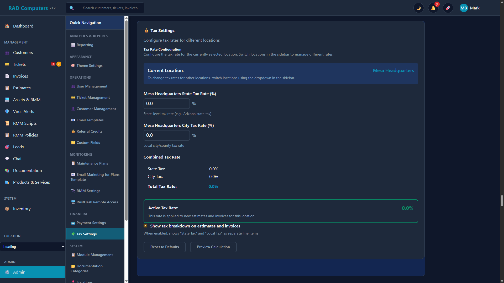 Tax Settings - Dark Mode