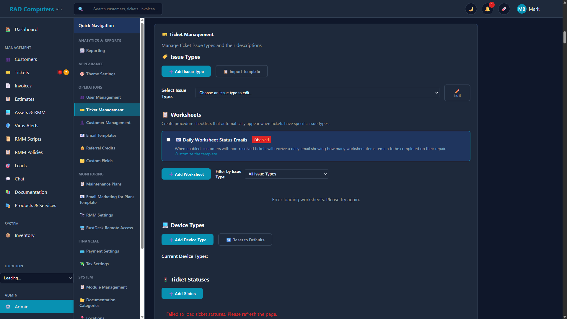 Ticket Management Settings - Dark Mode