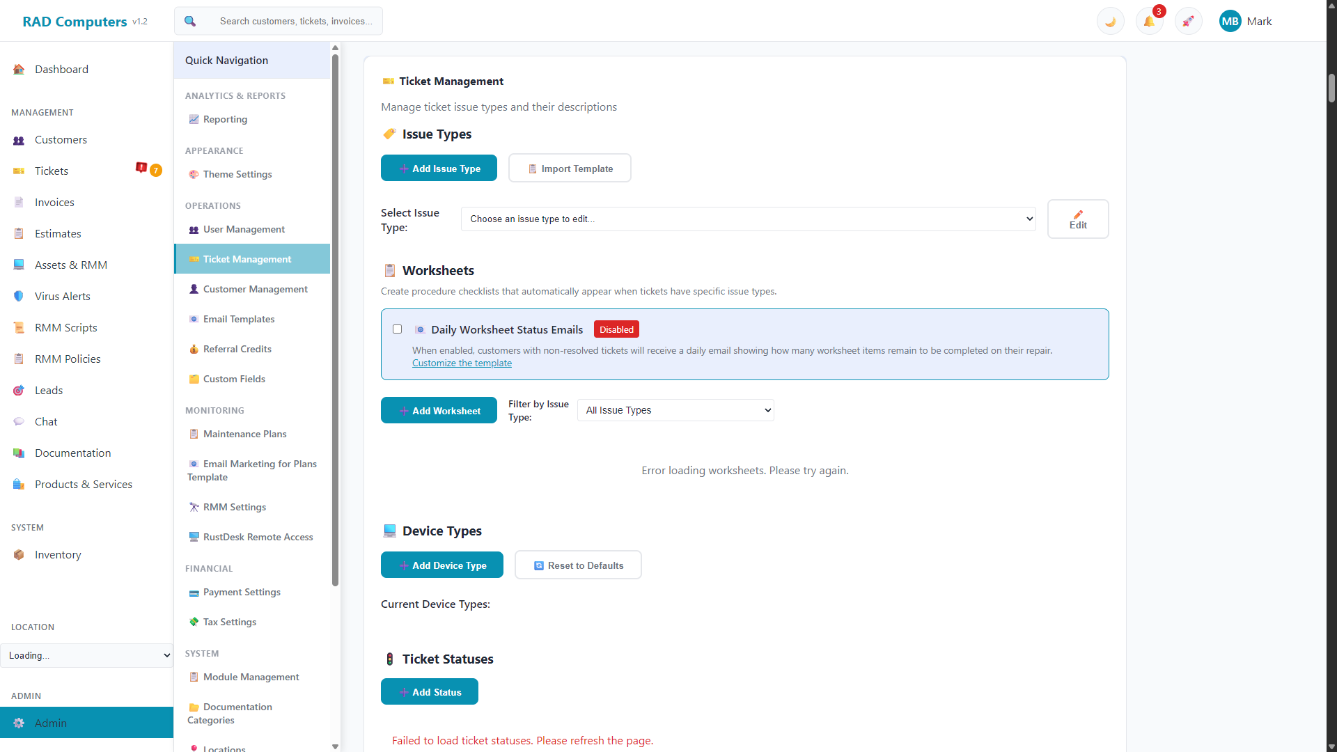 Ticket Management Settings - Light Mode