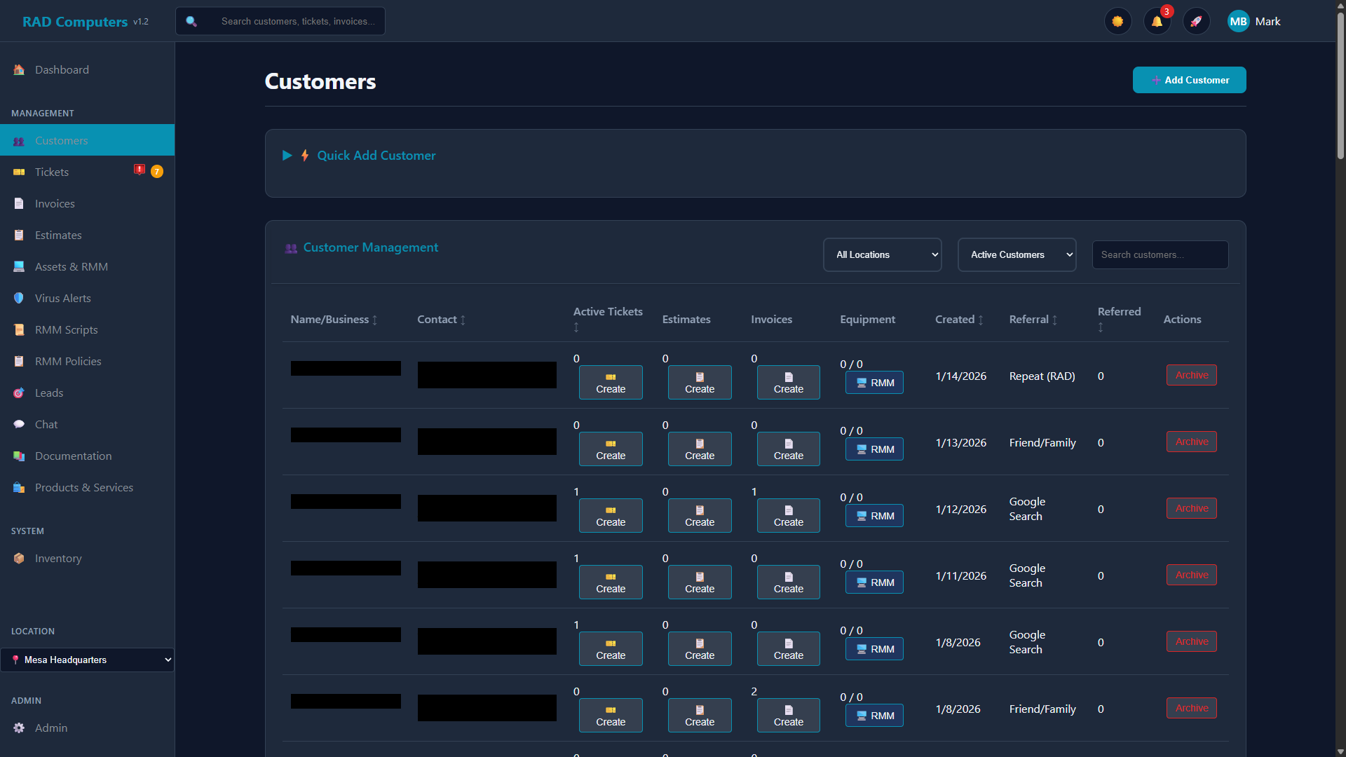Customers List View (Dark Mode)