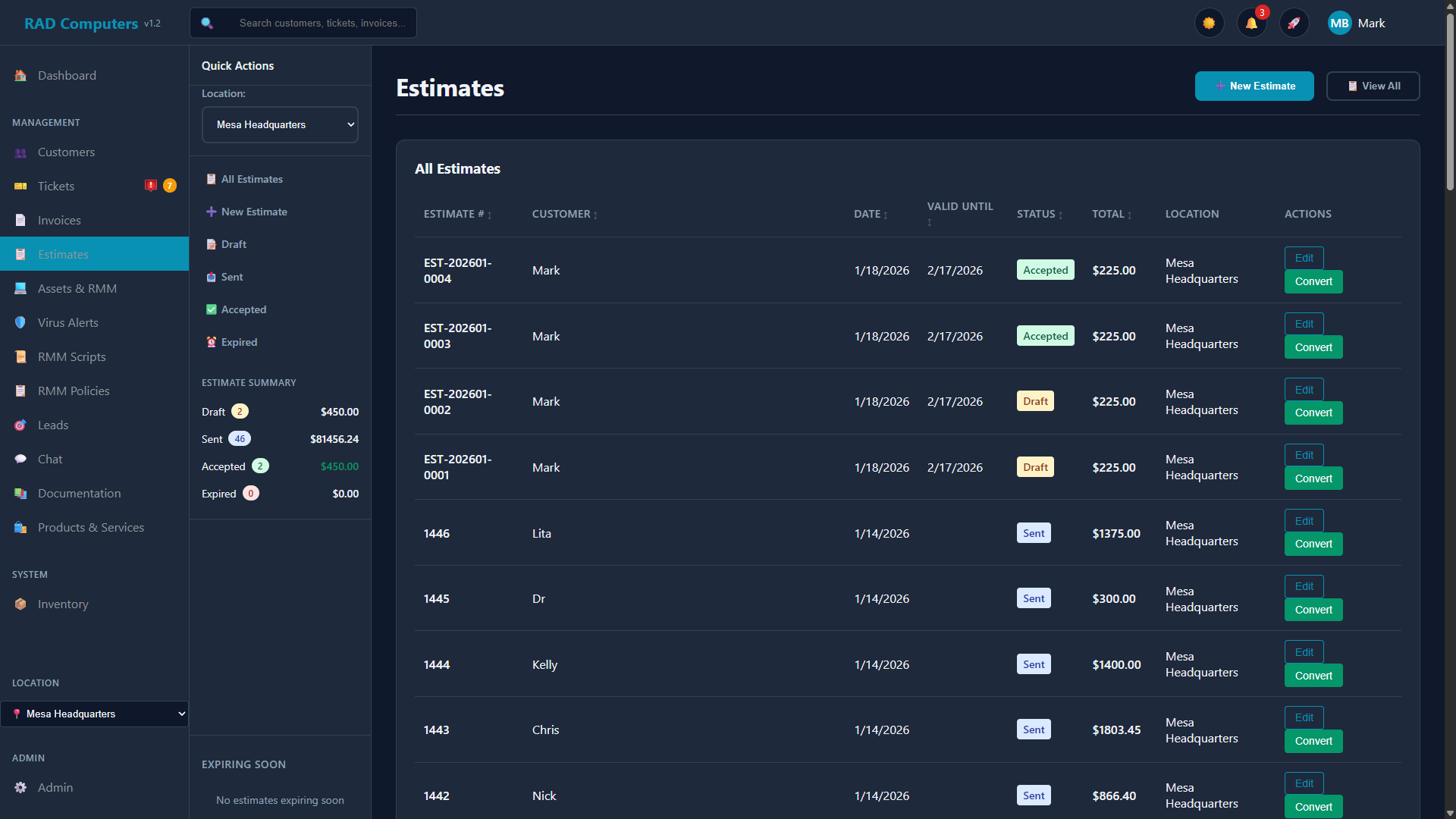 Estimates List - Dark Theme