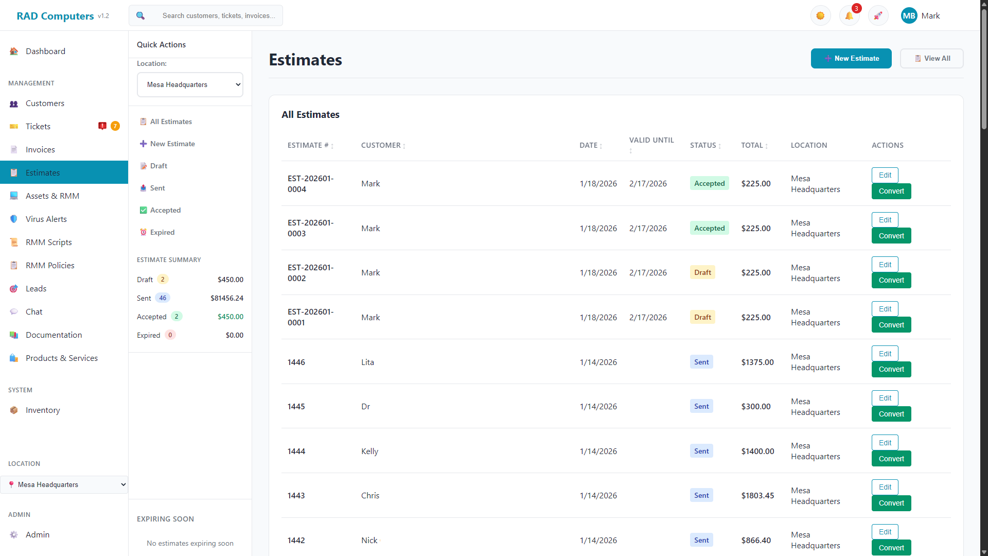 Estimates List - Light Theme