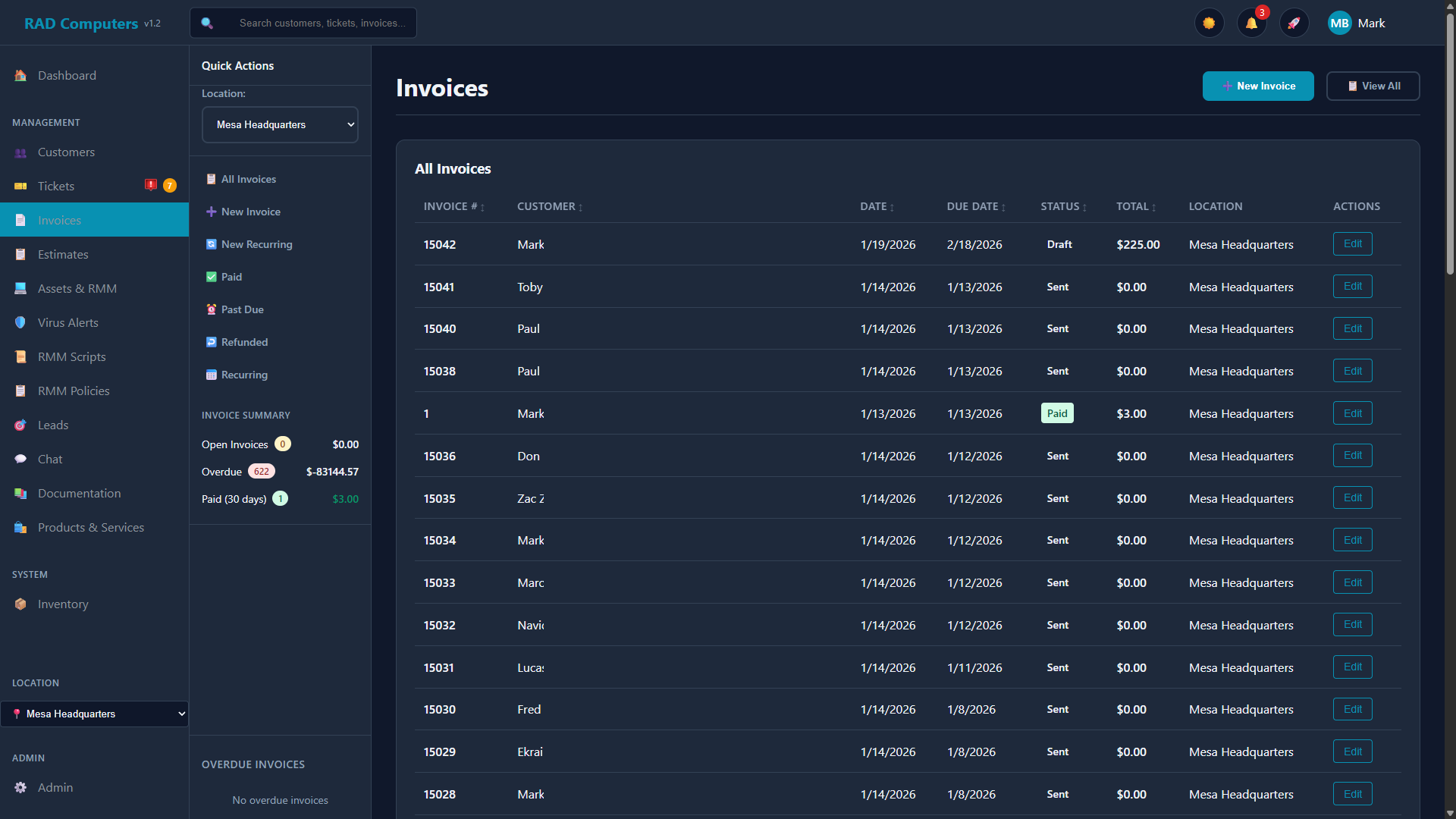 Invoices List (Dark Mode)