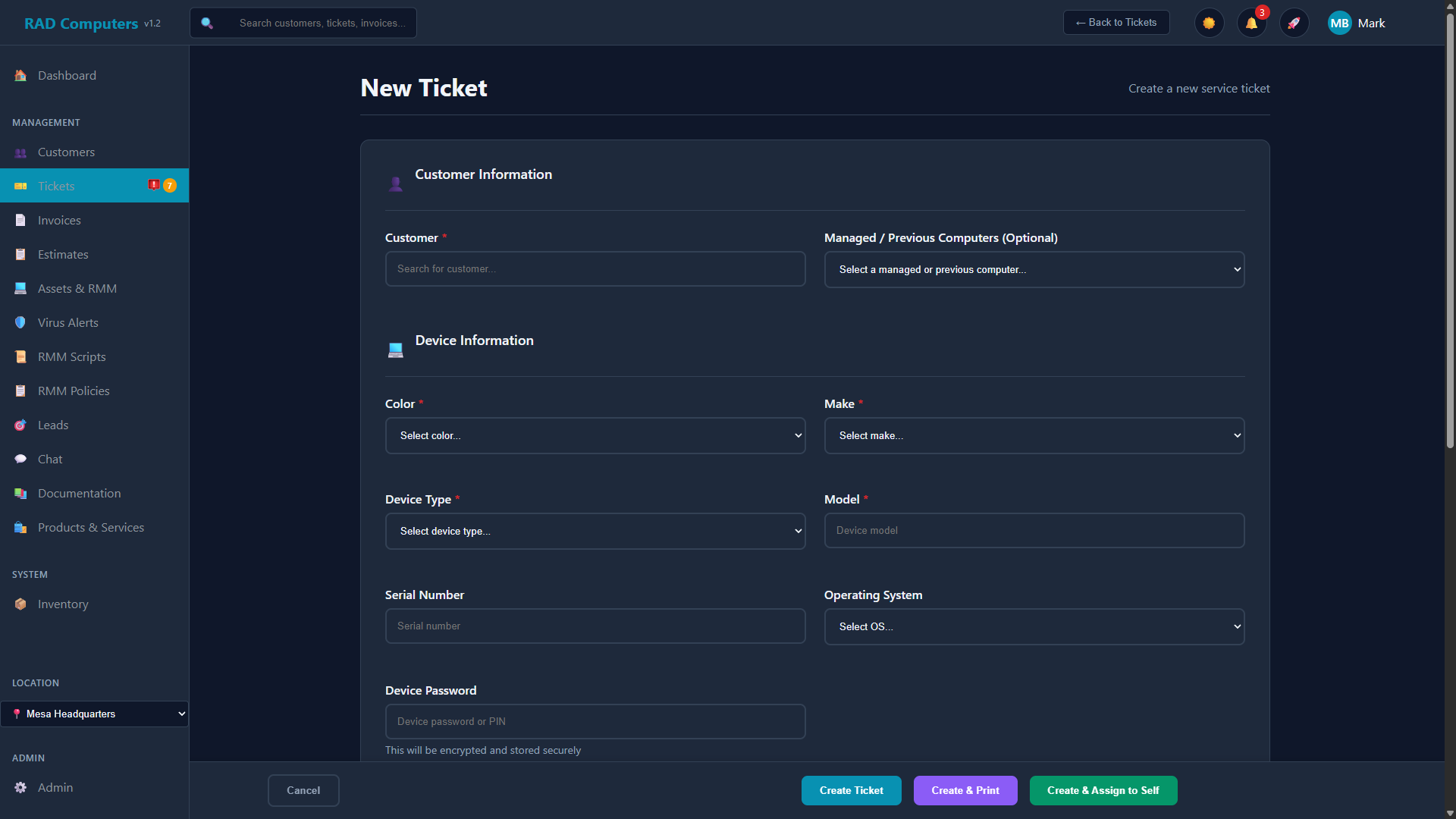 New Ticket Form - Dark Mode