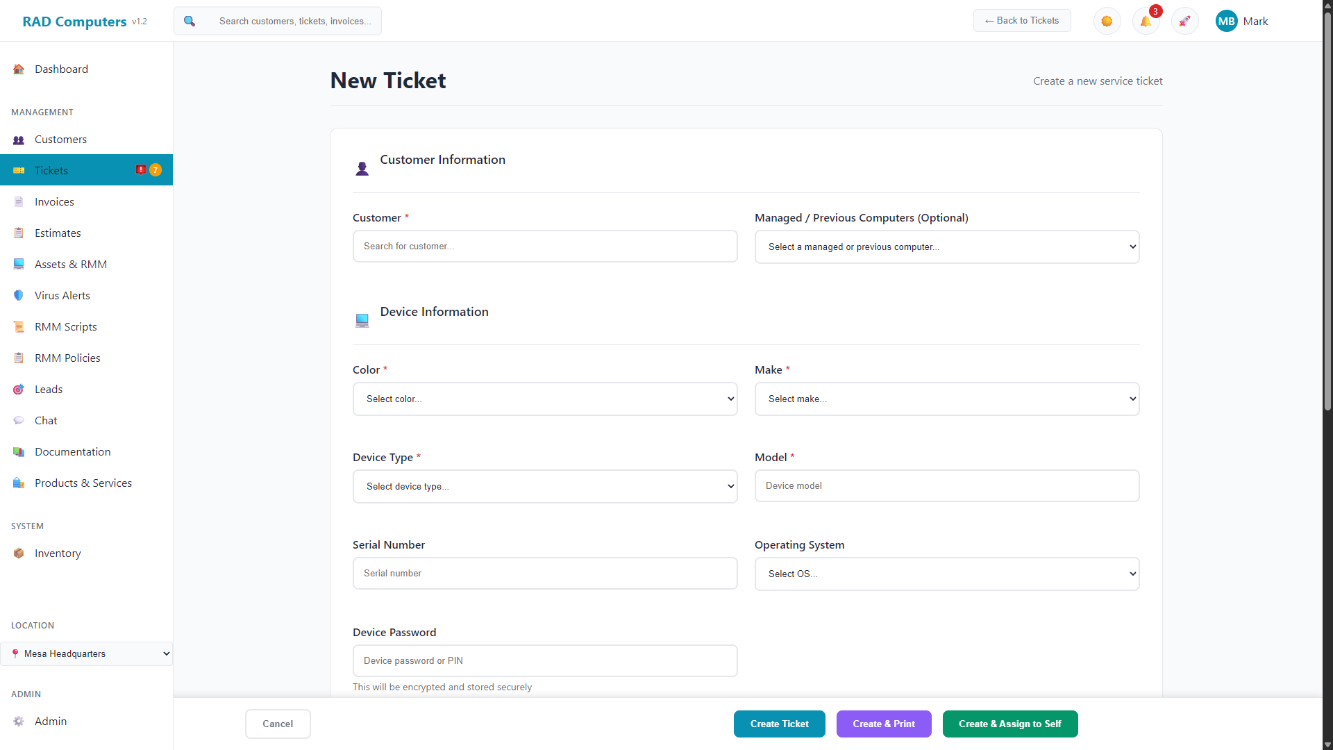 New Ticket Form - Light Mode