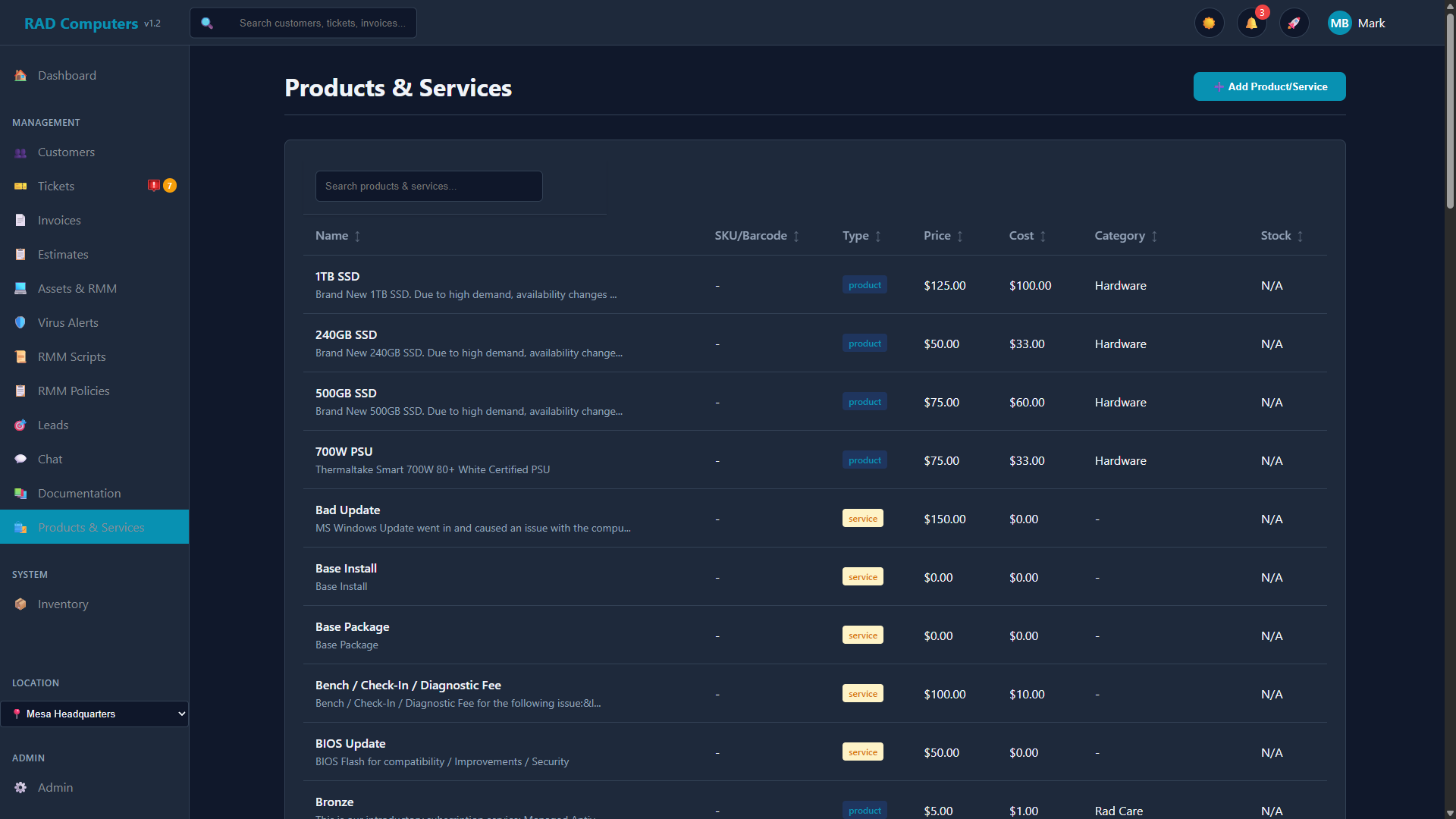 Products & Services Catalog