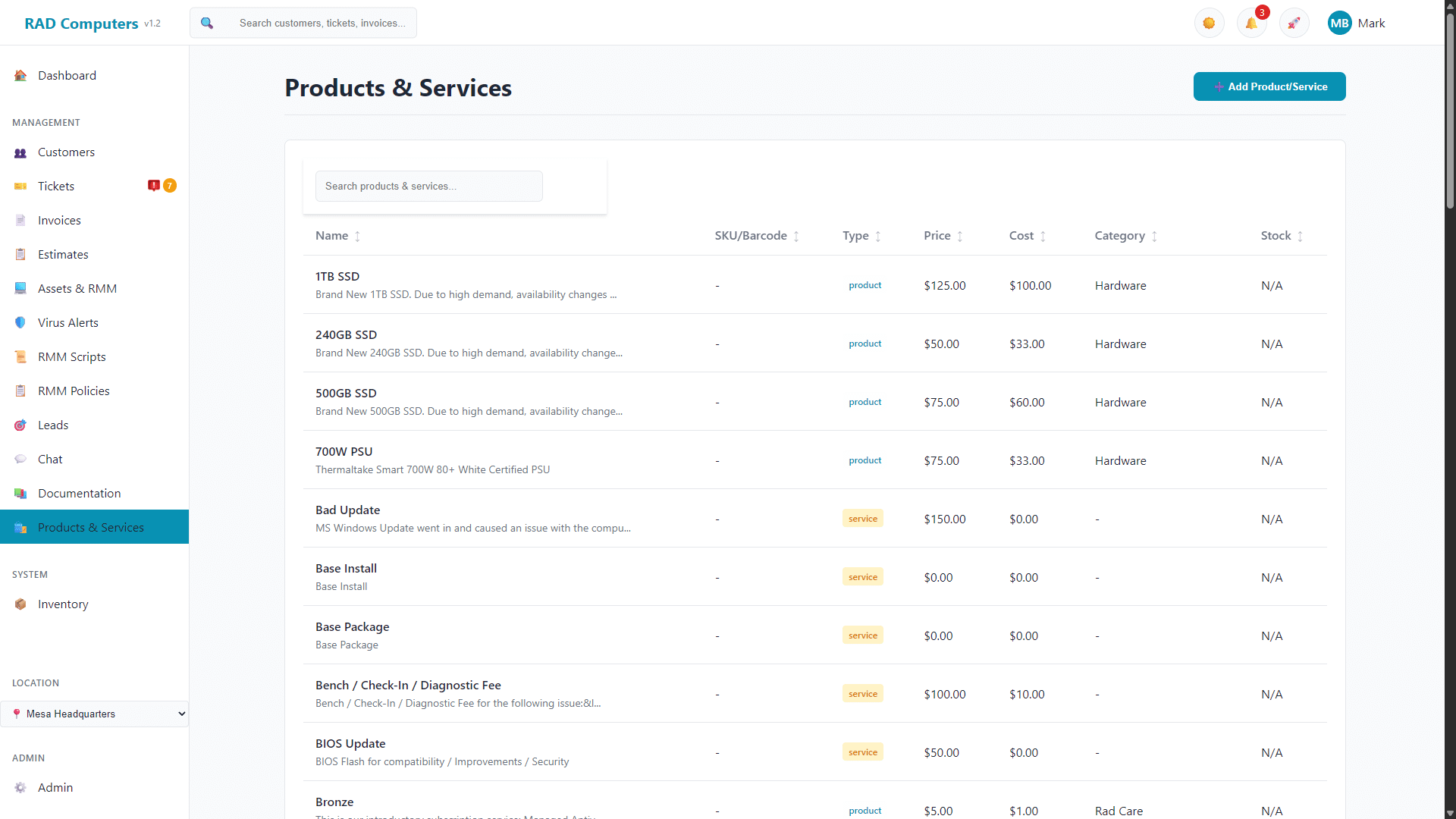 Products & Services Catalog