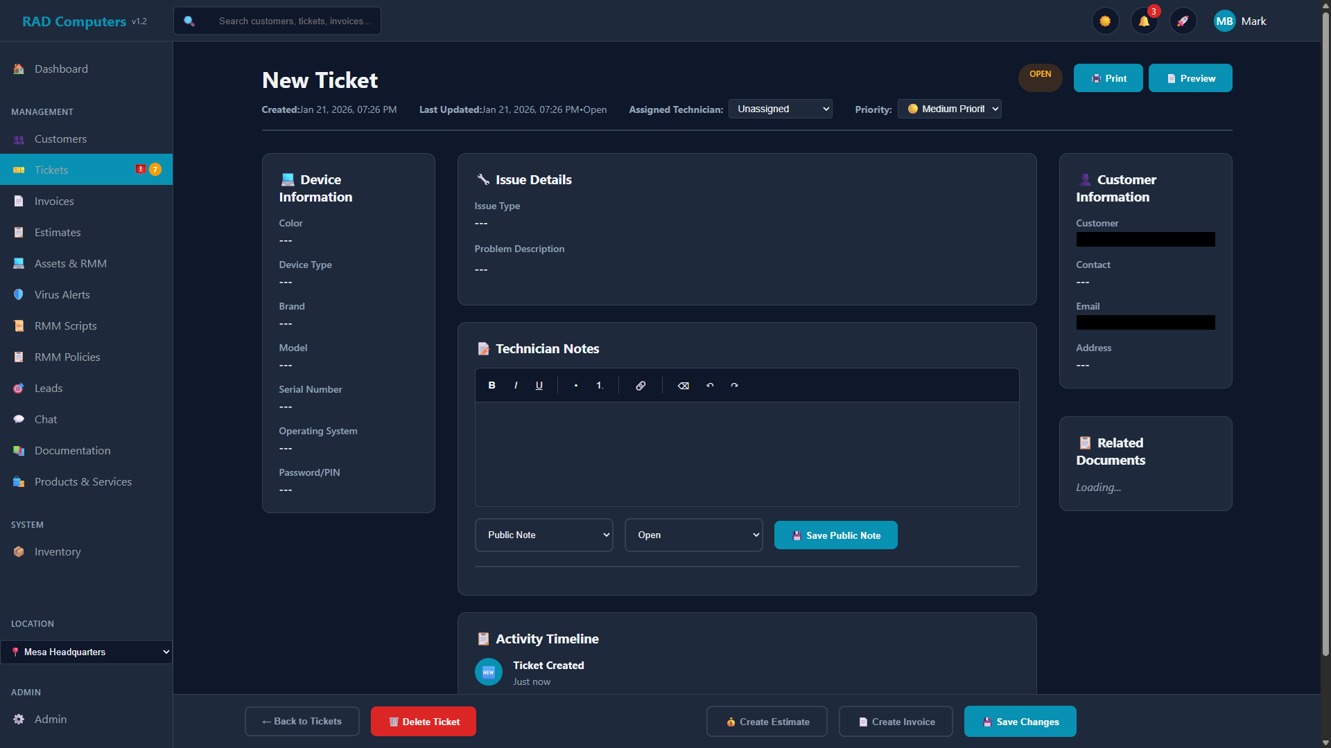 Ticket Detail View - Dark Mode