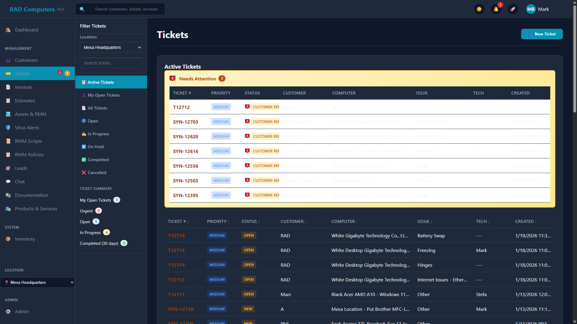 Ticket List - Dark Mode